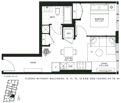 Floor plan for 1 bed, 1 bath, 534 sqft
